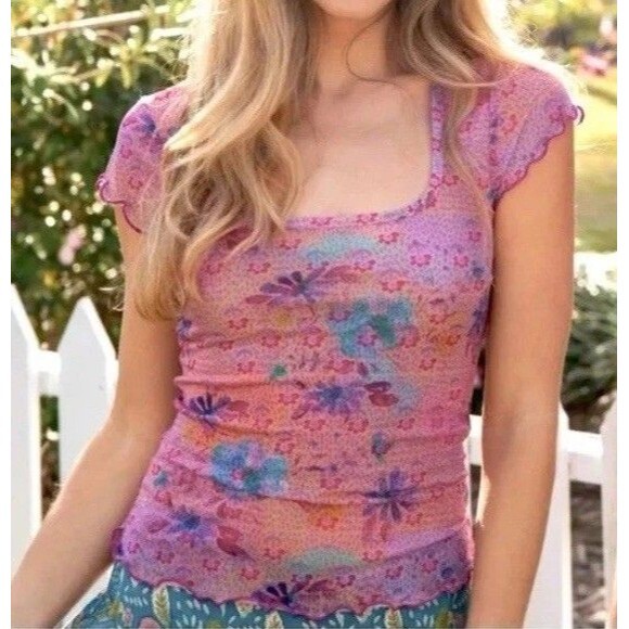 Natural Life Womens Pink Mesh Floral Sheer Top Size Large Y2K Boho Hippie Retro - Picture 1 of 8